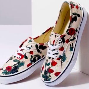 Vans Cream Canvas Sneakers with Red Rose Print. Women 7 Men 5.5